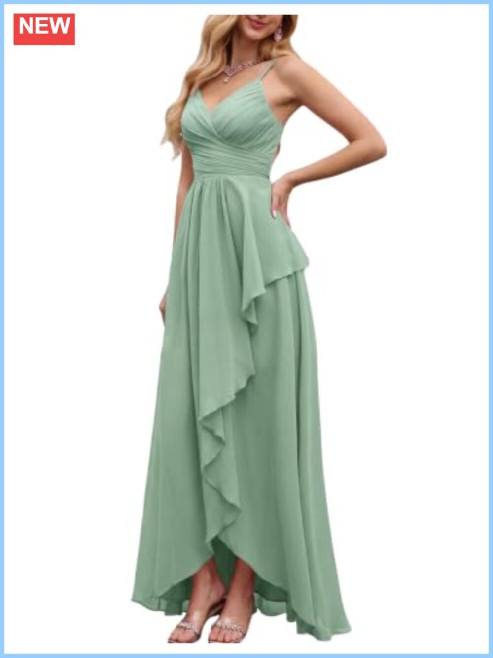 Spaghetti Strap Chiffon Formal Gown Sleeveless V-Neck High-Low Ruffle Maxi Dress